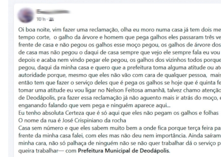 DEODÁPOLIS: Moradora reclama de falta de coleta de galhos em sua rua